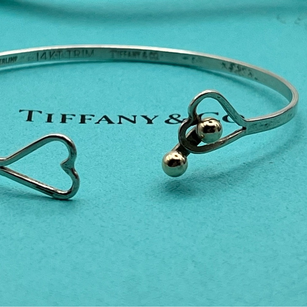 SOLD TIFFANY & Co. Sterling Silver 925 & 14K YG Double Heart  Bangle Bracelet - Picture 3 of 5